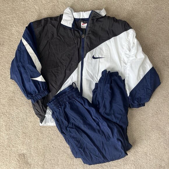 Vintage Nike Tracksuit Jacket Pants Set Boys Small 8 Navy White Nylon 90s Swishy - Picture 1 of 12